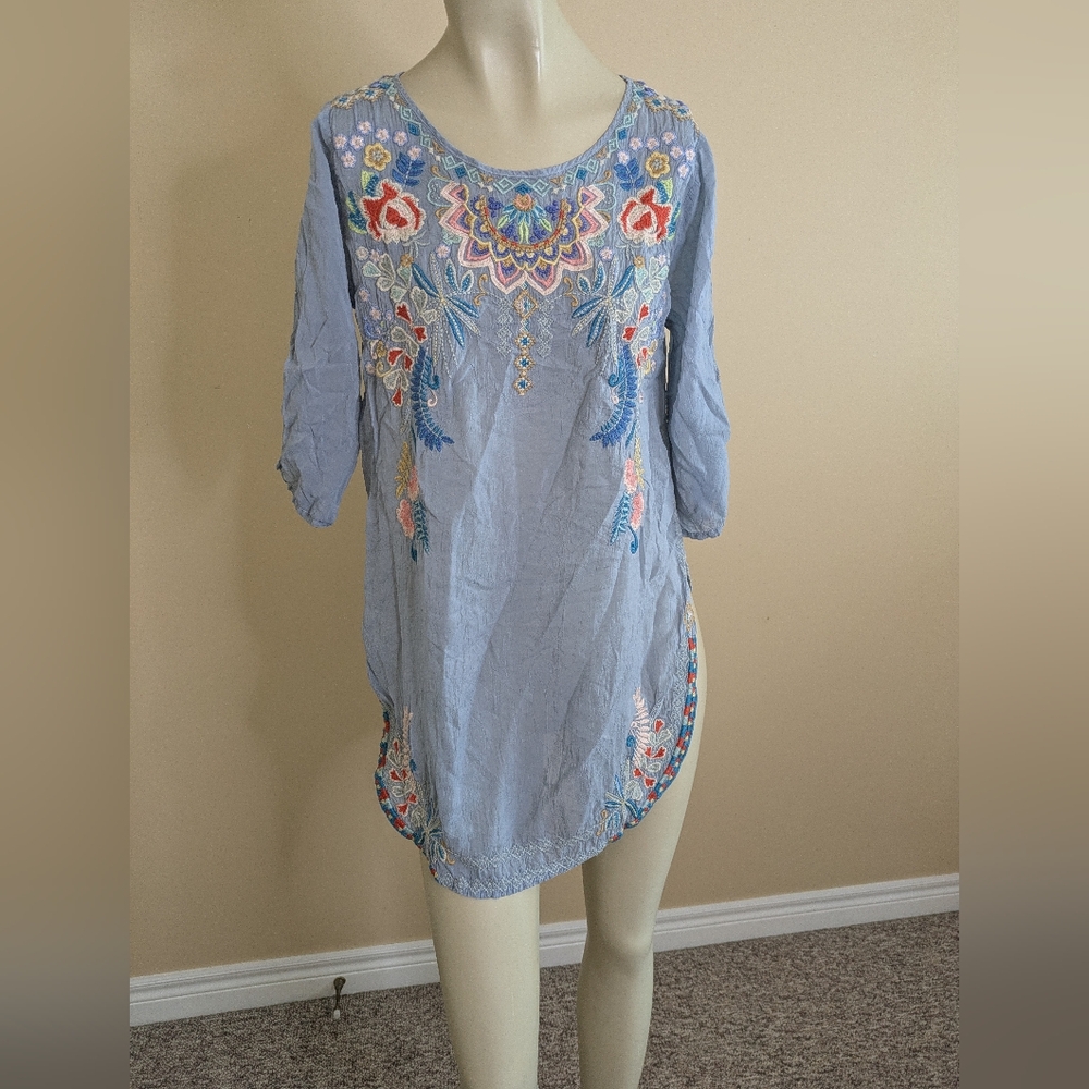 Johnny Was Floral Bohemian Blue Embroidered Tunic Women's Small